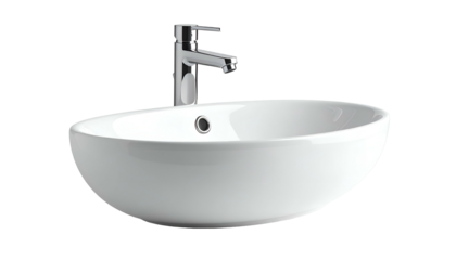 A clean, white, oval ceramic basin with a modern chrome faucet against a black background
