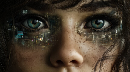 Close-up of a woman's face with futuristic cyberpunk cityscape reflections in her eyes, blending realism and sci-fi.