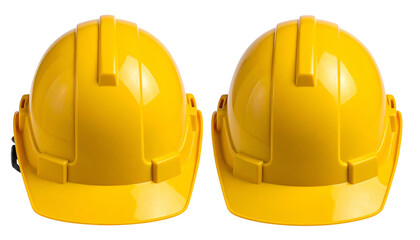 Two identical yellow safety helmets, one from the back left, other from the rear center