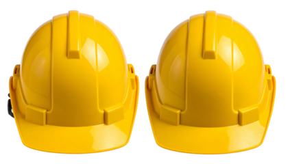 Two identical yellow safety helmets, one from the back left, other from the rear center