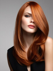 Naklejka premium Ultra-realistic studio portrait of a beautiful woman with silky smooth bright red hair