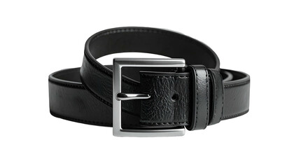 A close-up studio shot of a black leather belt with a silver square buckle, coiled