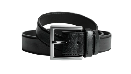 A close-up studio shot of a black leather belt with a silver square buckle, coiled