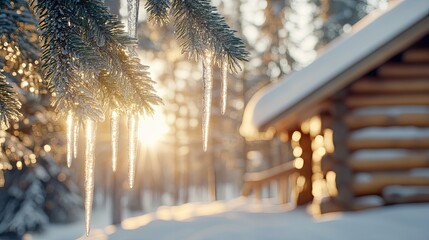 Green Christmas tree branches adorned with icicles and red ornaments enhance the rustic charm of a wooden house during winter