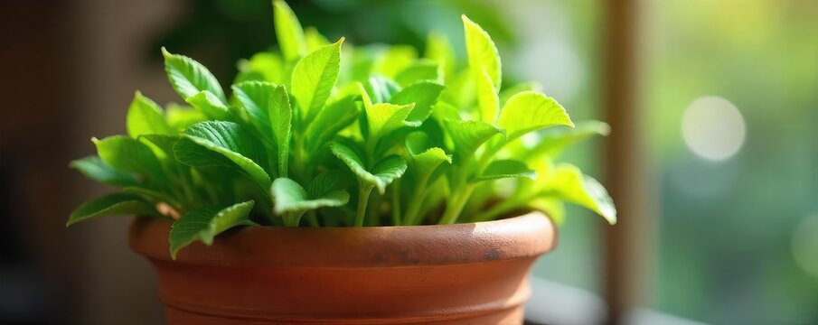 Fototapeta A vibrant green plant thrives in a rustic terracotta flowerpot, its lush leaves reaching towards the sunlight Perfect for home decor, gardening, and spring themes , summer, background