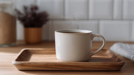 A steaming mug of hot drink with a warm glow, conveying comfort and a cozy morning atmosphere.