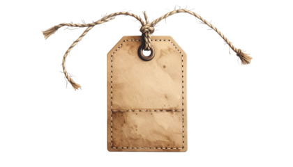 Aged paper tag with a stitched pocket and a textured string, floating against black