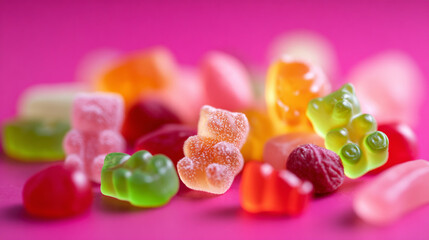 A shallow depth of field shot showing a pile of colorful gummy and jelly candies on a bright pink background, featuring a prominent, glossy red gummy bear in the center.