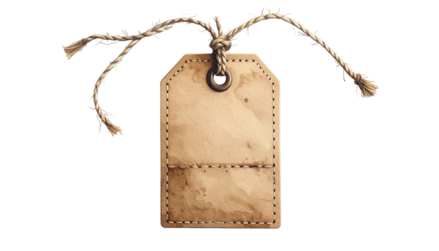 Aged paper tag with a stitched pocket and a textured string, floating against black