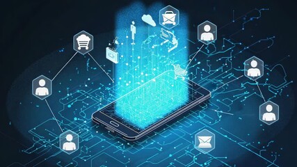 Smartphone displaying a glowing digital network with e-commerce icons mobile phone technology - Powered by Adobe