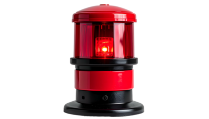 A red and black nautical signal light against a black background, with a central glowing source