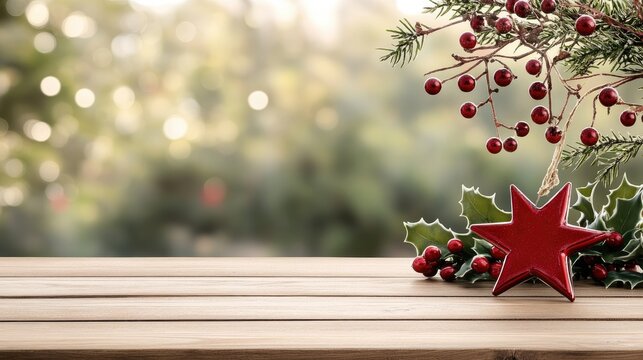 An empty wooden table is adorned with festive Christmas decorations, including a red star and holly berries, set against a blurred backdrop