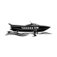 Stylized black speedboat sailing on waves in minimalistic design  