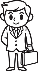 A simple black and white line art illustration of a smiling cartoon businessman in a suit holding a briefcase.