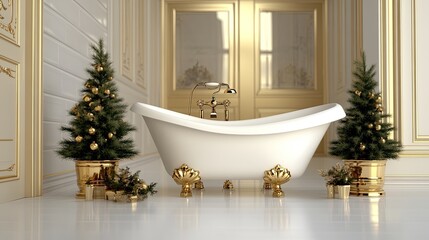 A stunning bathtub takes center stage in a beautifully decorated bathroom featuring Christmas trees and golden accents