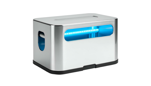 Metallic rectangular device with blue interior glow, slot on top, handle-like cut-out