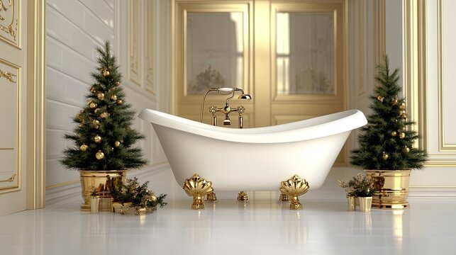 A stunning bathtub takes center stage in a beautifully decorated bathroom featuring Christmas trees and golden accents
