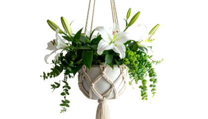 A white ceramic pot filled with white lilies and green foliage hangs from macrame cord