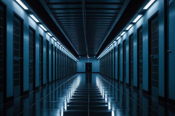 Fototapeta premium Verlassener Korridor im Gefängnis – Blick in einen langen, leeren Gang mit Zellen