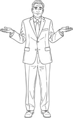 Black and white line art of a businessman with a mustache shrugging his shoulders with open palms.