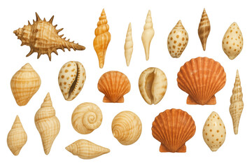 Seashells collection on transparent background presenting a variety of natural marine mollusk objects from the ocean