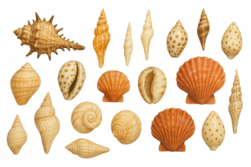 Seashells collection on transparent background presenting a variety of natural marine mollusk objects from the ocean
