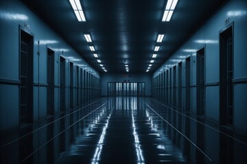 Fototapeta premium Verlassener Korridor im Gefängnis – Blick in einen langen, leeren Gang mit Zellen