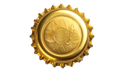 Close-up of a metallic gold bottle cap with a central sunburst design against black background