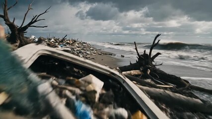 Environmental Pollution Crisis on Beach with Debris and Waste