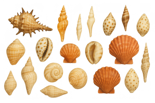 Seashells collection on transparent background presenting a variety of natural marine mollusk objects from the ocean