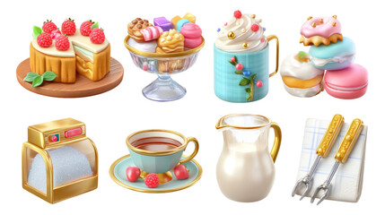 Colorful Dessert Collection with Various Sweet Treats and Accessories on Transparent Background