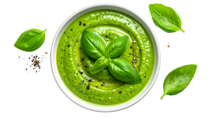 Overhead view of vibrant green soup in white bowl, garnished with basil leaves and black pepper