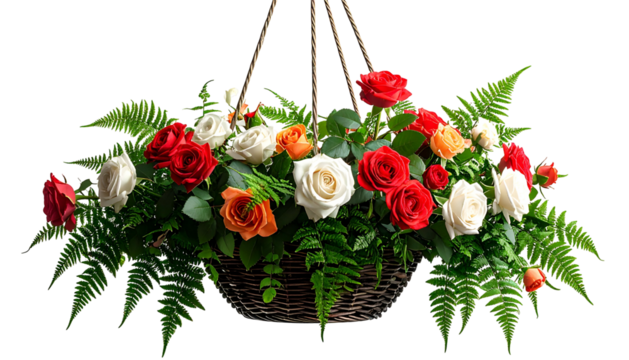Hanging basket overflowing with roses and greenery against a black background