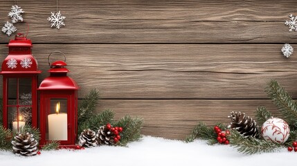 A festive red lantern with candles and snow-covered pine cones adorns a rustic wooden surface, inviting warmth and holiday cheer