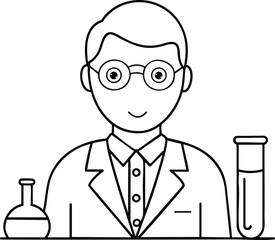 Curious scientist in lab coat conducting experiment illustration for kids educational fun
