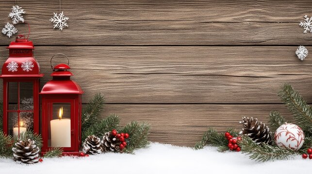 A festive red lantern with candles and snow-covered pine cones adorns a rustic wooden surface, inviting warmth and holiday cheer