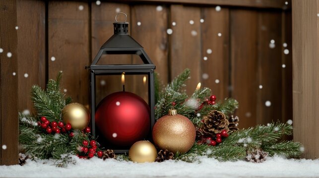 A festive red lantern with candles and snow-covered pine cones adorns a rustic wooden surface, inviting warmth and holiday cheer