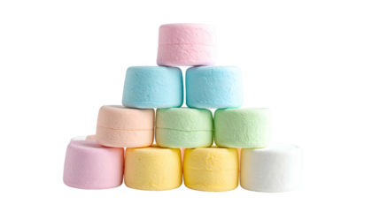 A pyramid of fluffy, pastel-colored cylinder confections on a transparent background