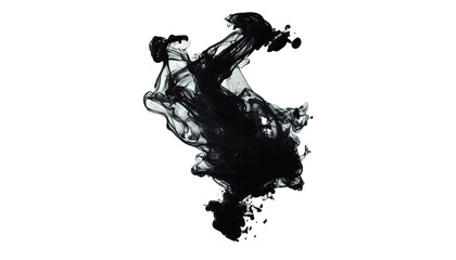 Ink splatter. Oil spill. Dark fluid swirl spreading blending in supernatural pattern of black watercolor abstract illustration. Black smoke on white background