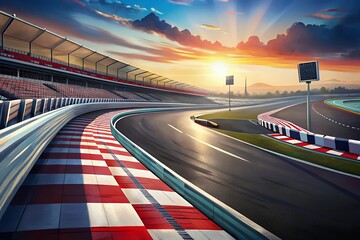 Race cars speeding down a wet track at sunset