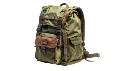 A rugged olive green backpack with leather accents, side pockets, and multiple straps