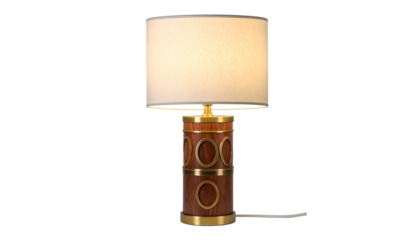 A stylish, retro-inspired table lamp with a cylindrical wooden base and a lampshade