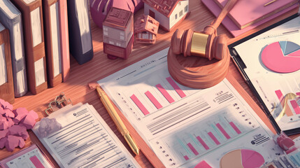 Illustrated overhead view of a desk with legal gavel, house models, books, and finance documents featuring charts and graphs.
