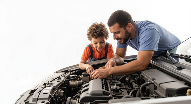 Father and son working together on car engine in bright workshop  