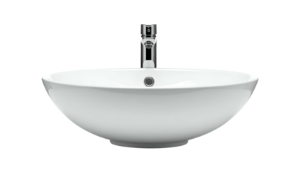 A bright white, bowl-shaped ceramic sink with a chrome faucet against a black background