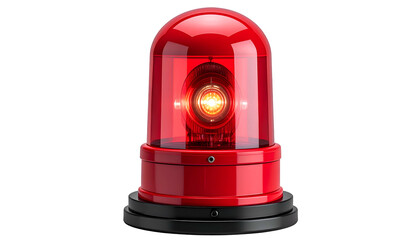 A red, dome-shaped emergency light with a bright internal lamp, set against black