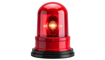 A red, dome-shaped emergency light with a bright internal lamp, set against black