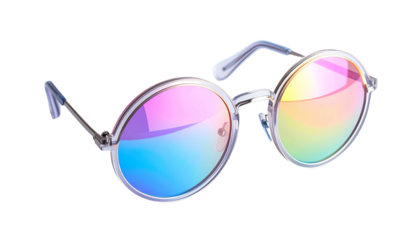 Clear-framed, round sunglasses with colorful rainbow lenses are presented against a black backdrop