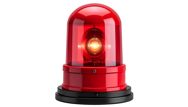 A red, dome-shaped emergency light with a bright internal lamp, set against black