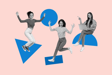 Creative poster banner 3d collage photo of three happy girls stand diagram icon development surf...